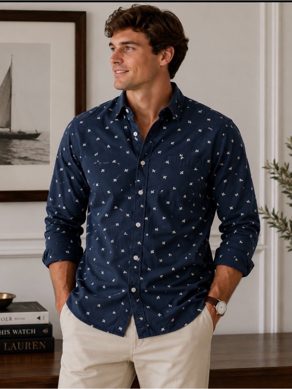 Banana Republic Classic Fit Navy Blue Bee Print Button Down Shirt Men's Medium